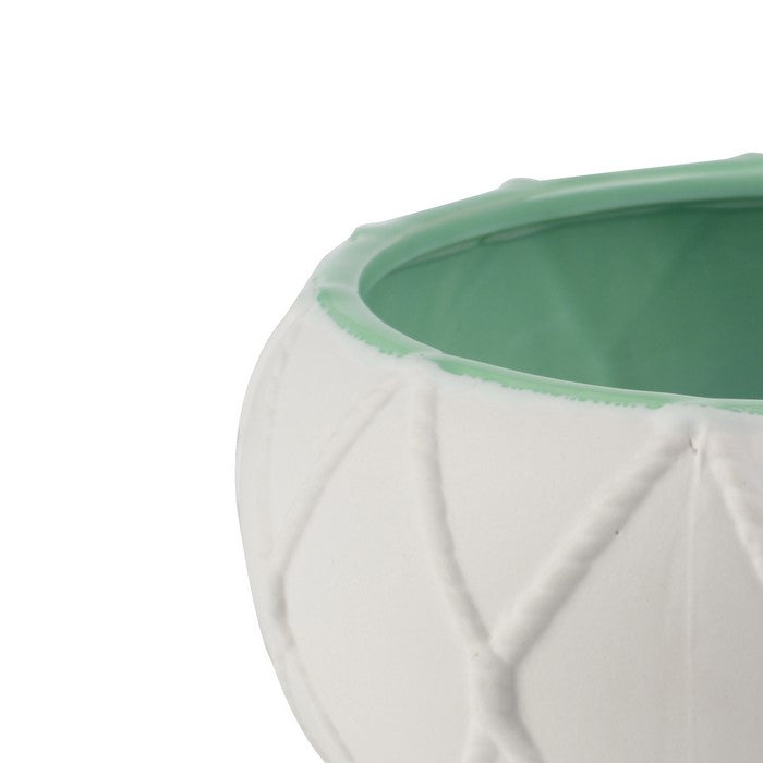 Round Ceramic Pot with Nautical Knot Texture, White and Green