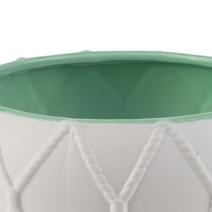 Round Ceramic Pot with Nautical Knot Texture, White and Green