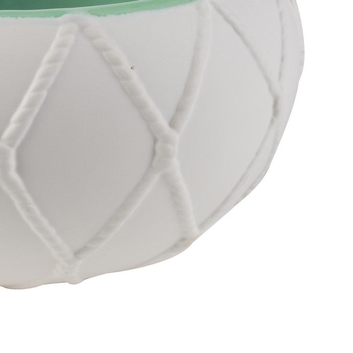 Round Ceramic Pot with Nautical Knot Texture, White and Green