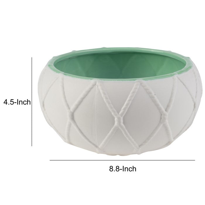 Round Ceramic Pot with Nautical Knot Texture, White and Green