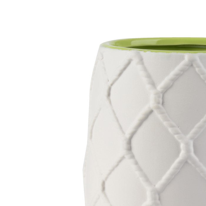 Ceramic Pot with Nautical Knot Texture Details, White and Green