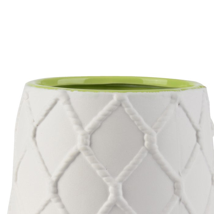 Ceramic Pot with Nautical Knot Texture Details, White and Green
