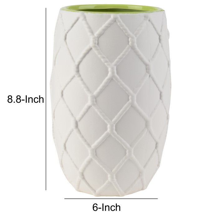 Ceramic Pot with Nautical Knot Texture Details, White and Green