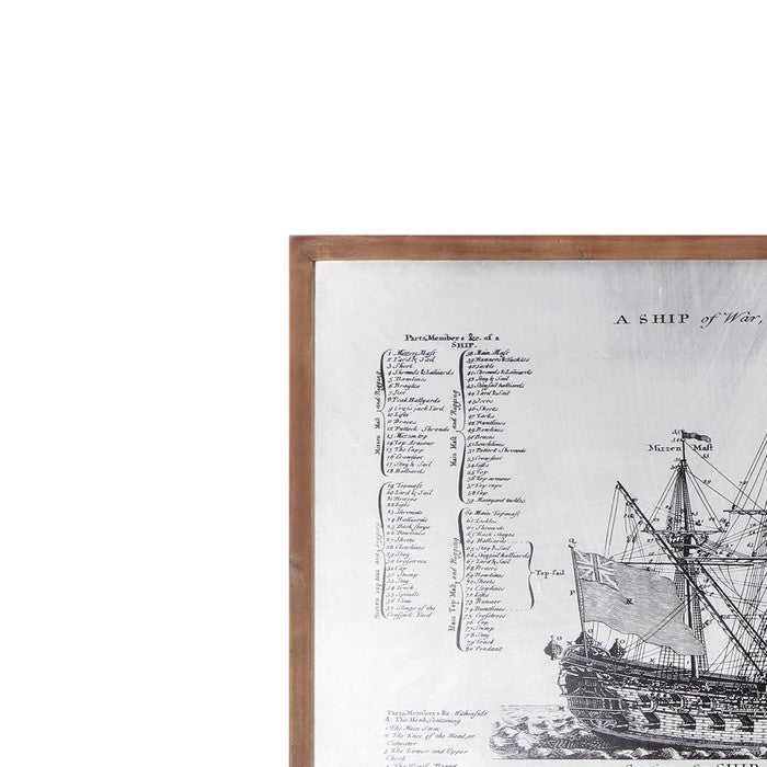 Antique Ship Blue Print with Wooden Frame, Brown and Silver