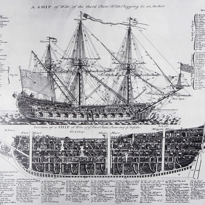 Antique Ship Blue Print with Wooden Frame, Brown and Silver
