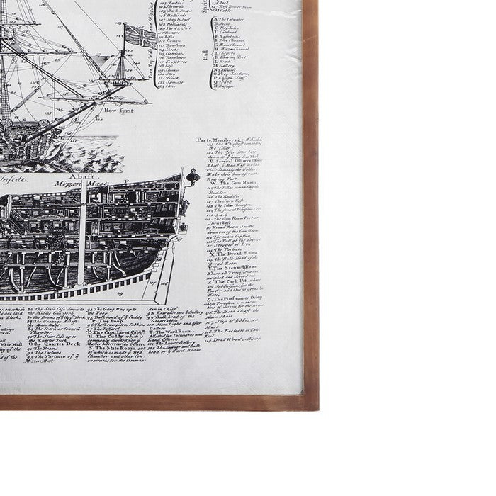 Antique Ship Blue Print with Wooden Frame, Brown and Silver
