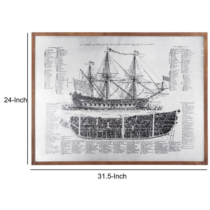 Antique Ship Blue Print with Wooden Frame, Brown and Silver