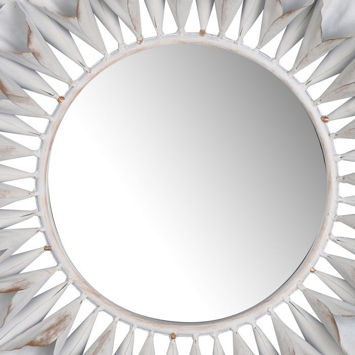 decorative Metal Wall Mirror with Floral Accents, White and Clear