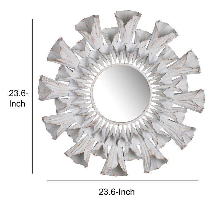 decorative Metal Wall Mirror with Floral Accents, White and Clear