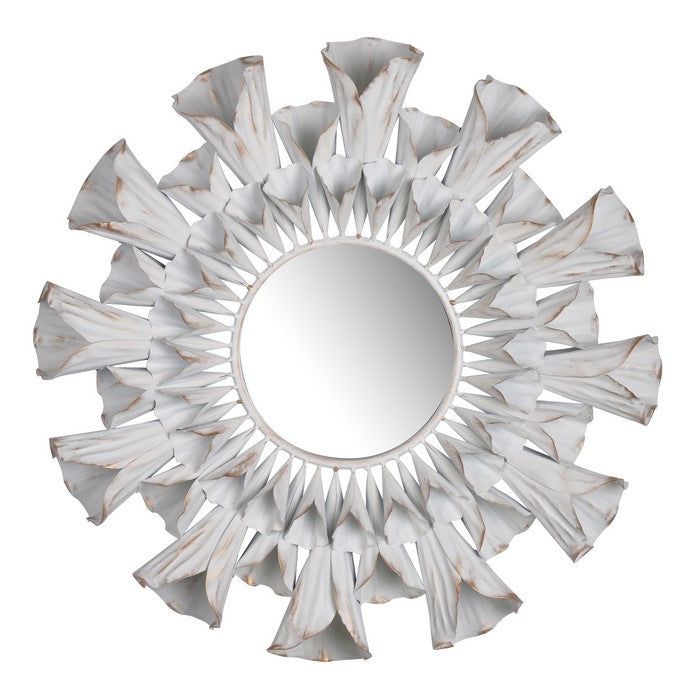 decorative Metal Wall Mirror with Floral Accents, White and Clear