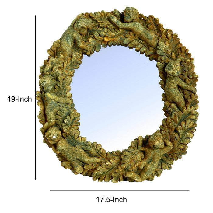 Round WallDecorative Mirror with Thick Cemented Border, Rustic Green