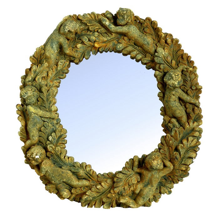 Round WallDecorative Mirror with Thick Cemented Border, Rustic Green