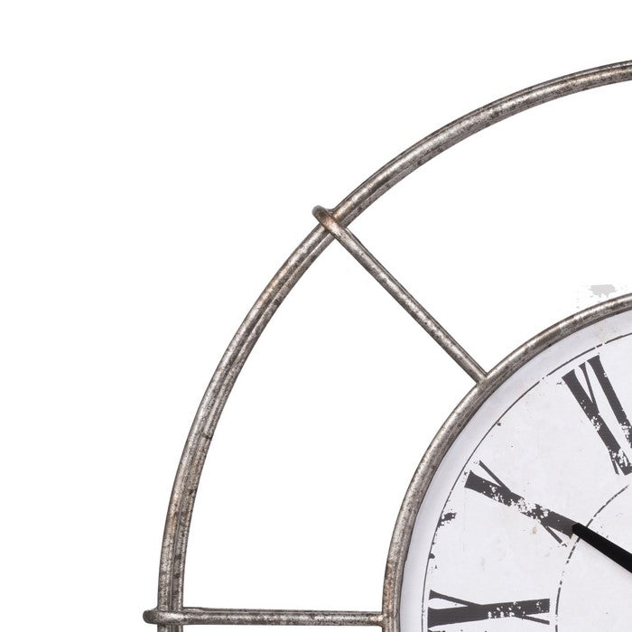 Metal Wall Clock with Circle Dial and Roman Numbers, Silver and White