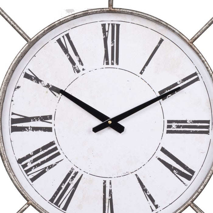Metal Wall Clock with Circle Dial and Roman Numbers, Silver and White