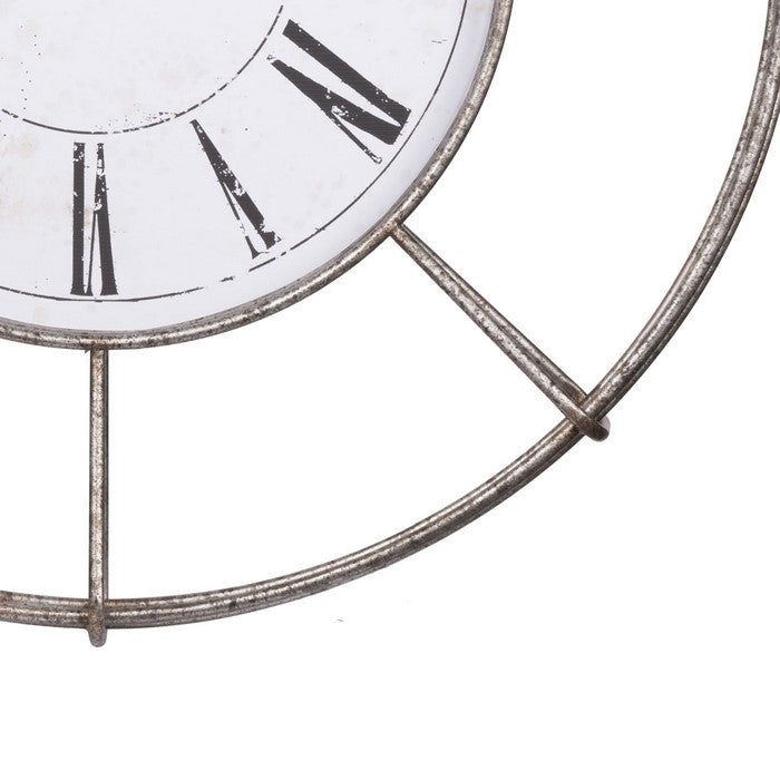 Metal Wall Clock with Circle Dial and Roman Numbers, Silver and White