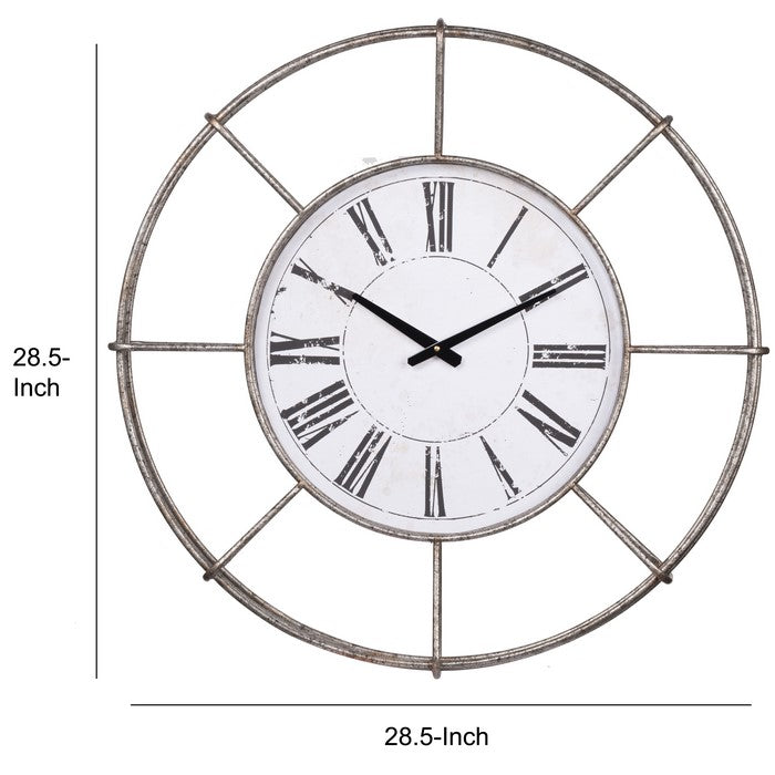 Metal Wall Clock with Circle Dial and Roman Numbers, Silver and White