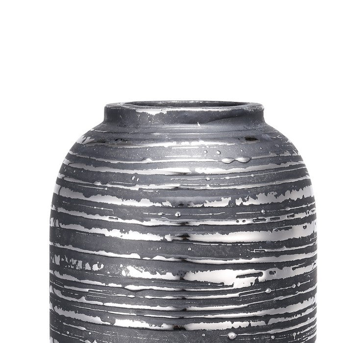 Ceramic Cylindrical Vase with Rimmed Texture, Tall, Silver and Gray