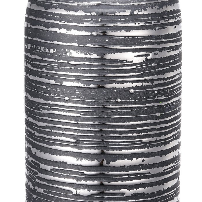 Ceramic Cylindrical Vase with Rimmed Texture, Tall, Silver and Gray