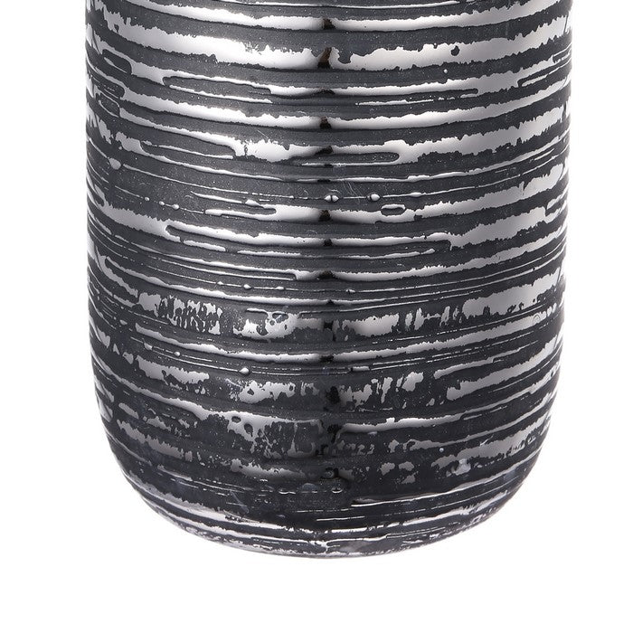 Ceramic Cylindrical Vase with Rimmed Texture, Tall, Silver and Gray