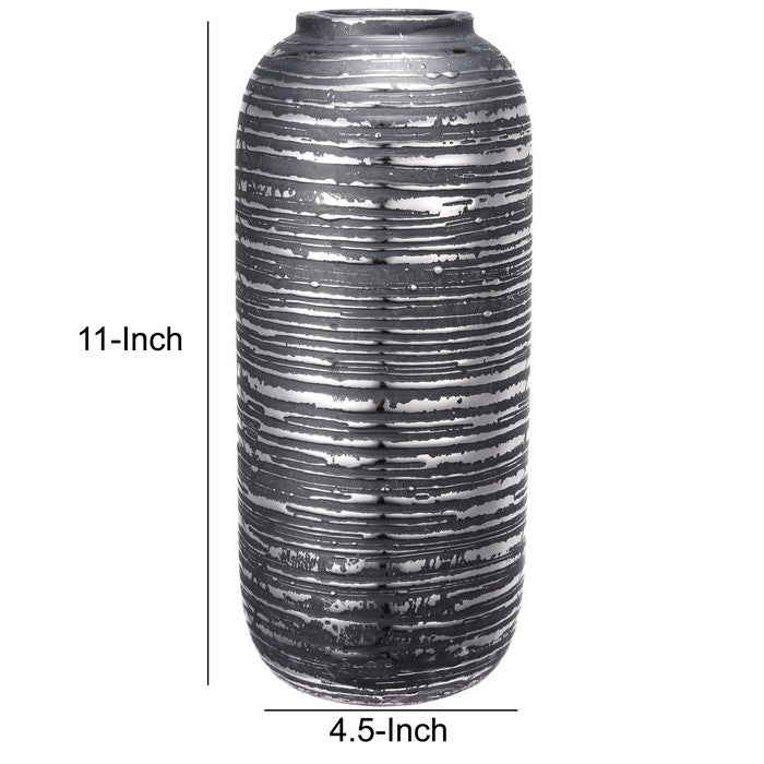 Ceramic Cylindrical Vase with Rimmed Texture, Tall, Silver and Gray