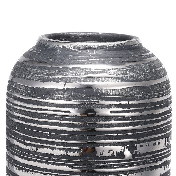 Ceramic Cylindrical Vase with Rimmed Texture, Medium, Silver and Gray