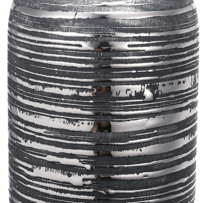 Ceramic Cylindrical Vase with Rimmed Texture, Medium, Silver and Gray