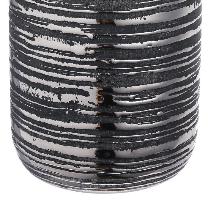 Ceramic Cylindrical Vase with Rimmed Texture, Medium, Silver and Gray