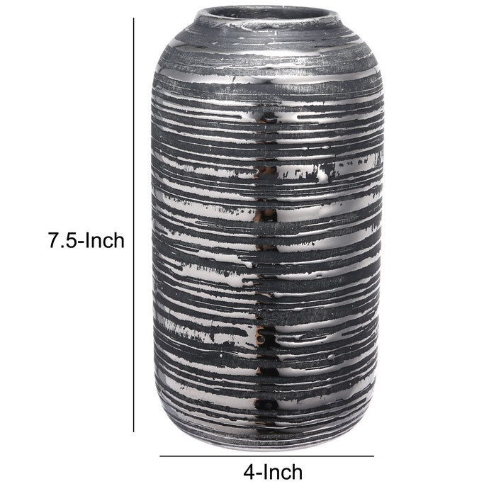 Ceramic Cylindrical Vase with Rimmed Texture, Medium, Silver and Gray