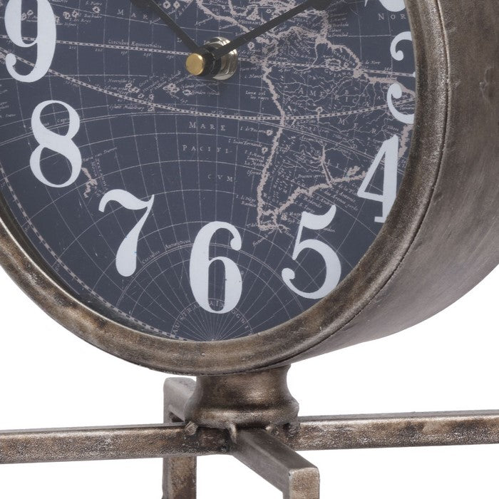 Metal Table Clock with Map Theme Background and Geometric Base, Gray