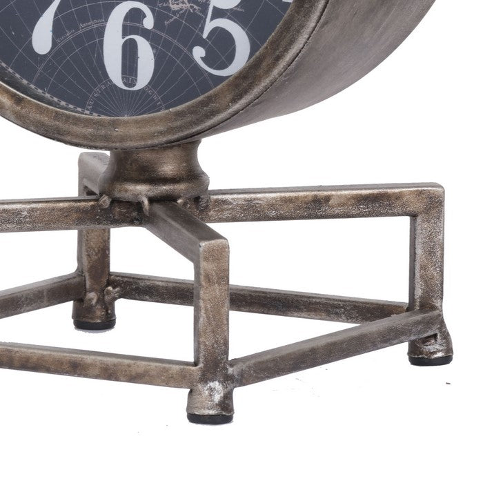 Metal Table Clock with Map Theme Background and Geometric Base, Gray