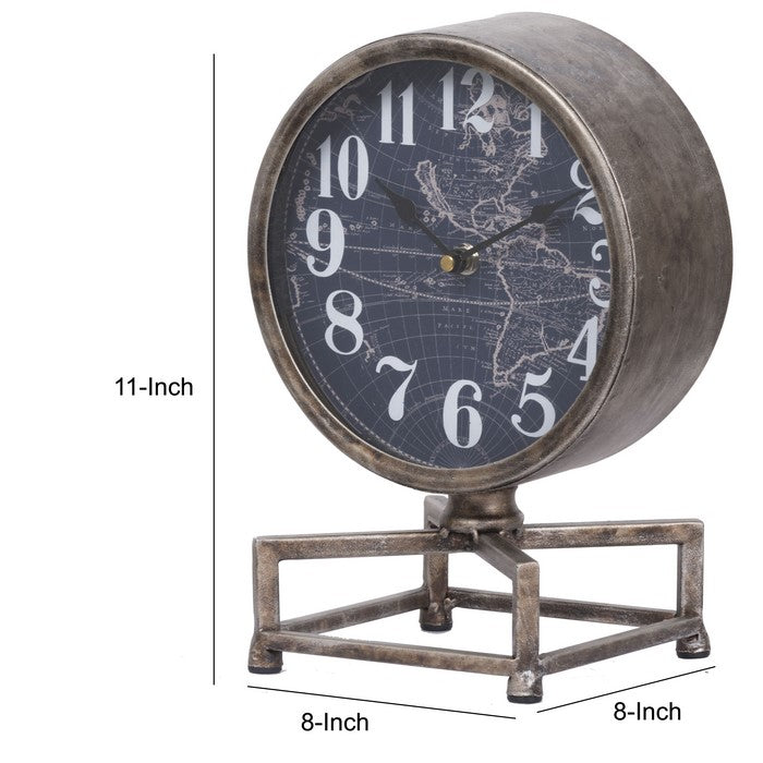 Metal Table Clock with Map Theme Background and Geometric Base, Gray