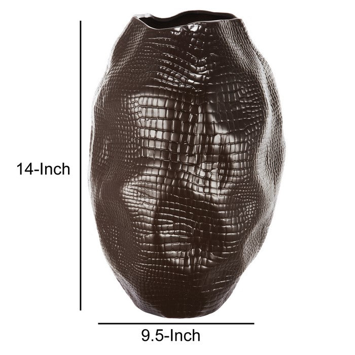 decorative Textured Ceramic Vase with Irregular Rim, Brown