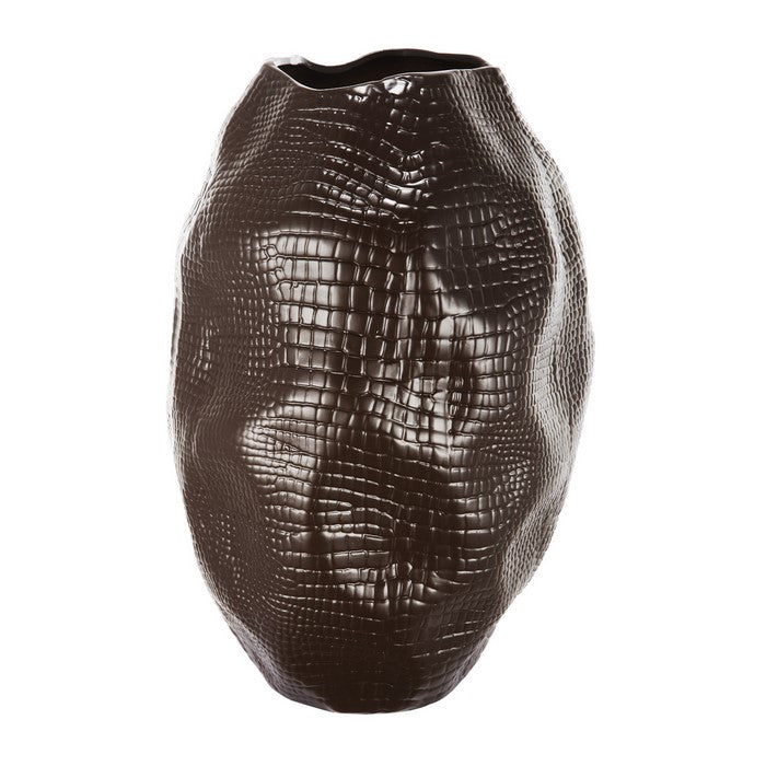 decorative Textured Ceramic Vase with Irregular Rim, Brown
