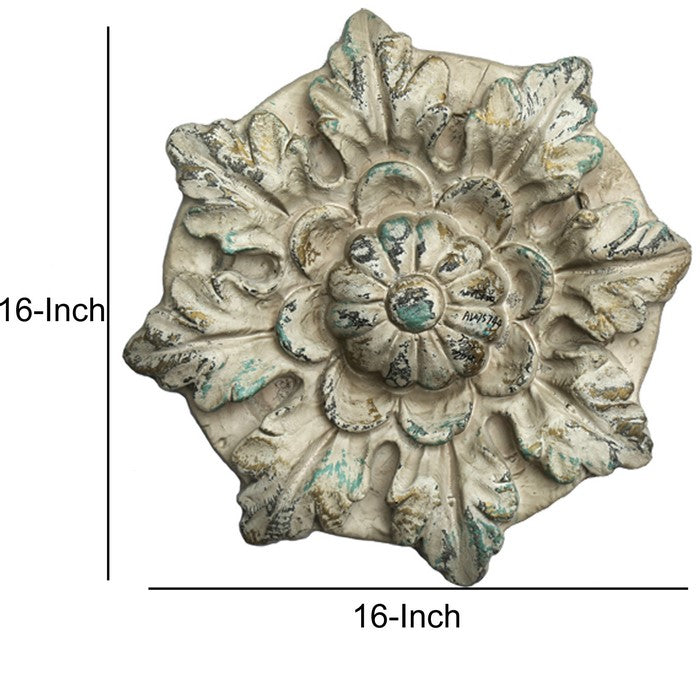 Distressed Floral Design Magnesia WallDecor with Hanging Hook, White