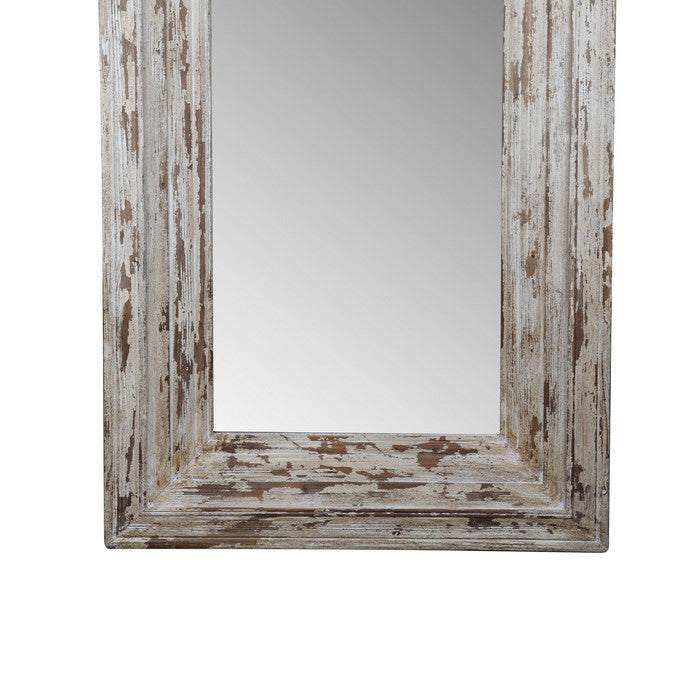 Wooden Framed Floor Mirror In Rectangular Shape, Distressed White