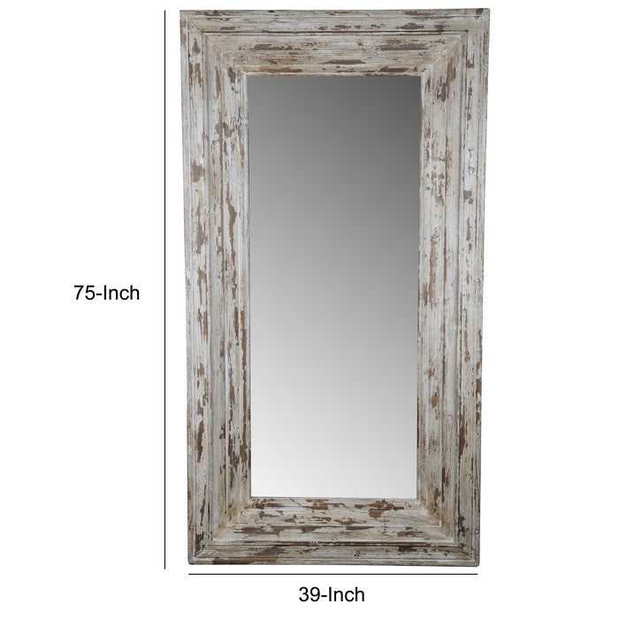Wooden Framed Floor Mirror In Rectangular Shape, Distressed White