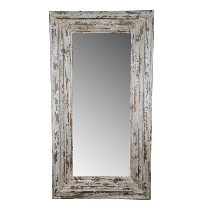 Wooden Framed Floor Mirror In Rectangular Shape, Distressed White