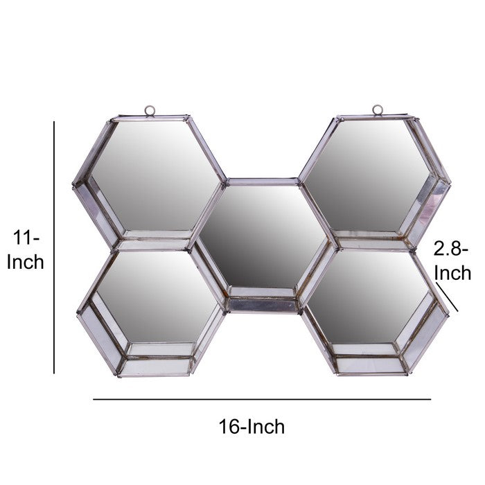 Hexagonal Mirrored Wall Display with Two Keyhole Hanger On Top, Silver