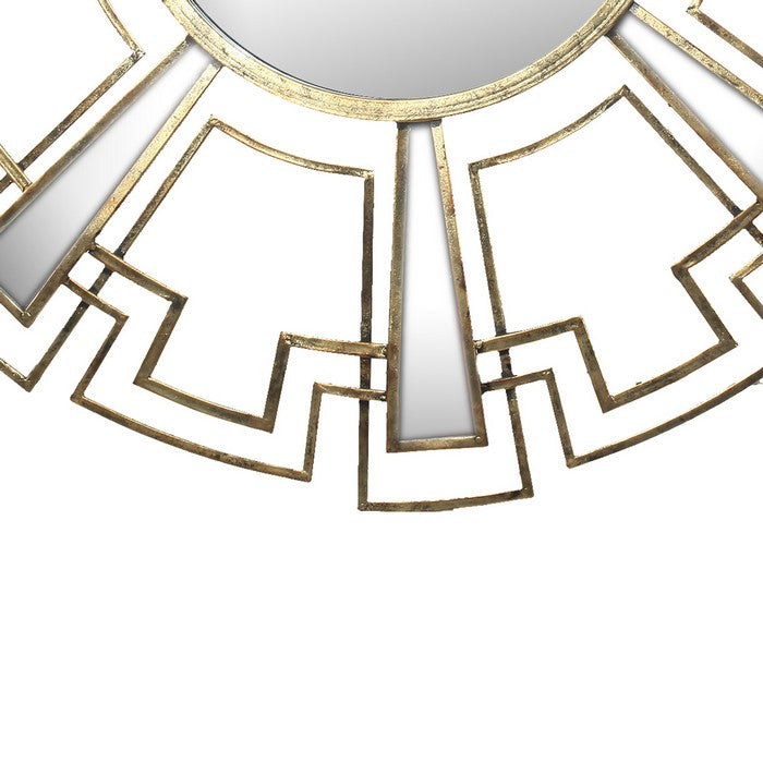 Round Sunburst Wall Mirror with Geometric Design Metal Frame, Gold
