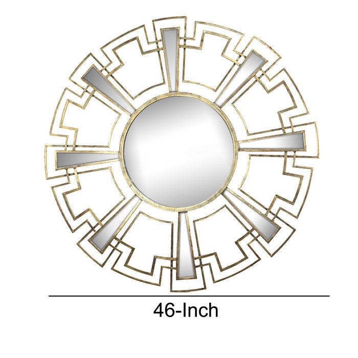 Round Sunburst Wall Mirror with Geometric Design Metal Frame, Gold