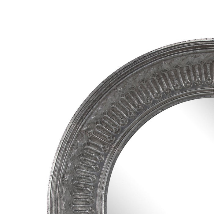 Round Wall Mirror with Thick Embossed Metal Border, Antique Gray