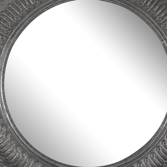 Round Wall Mirror with Thick Embossed Metal Border, Antique Gray