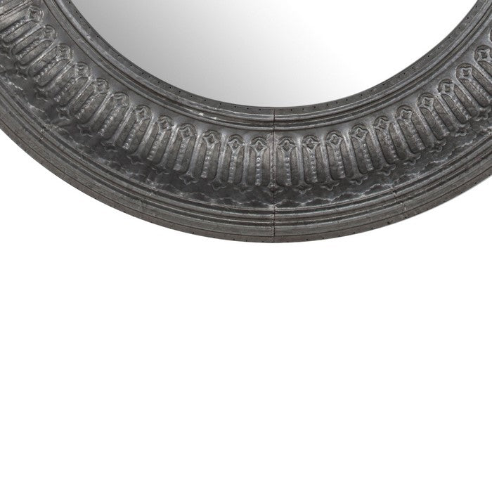 Round Wall Mirror with Thick Embossed Metal Border, Antique Gray