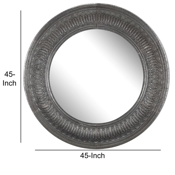 Round Wall Mirror with Thick Embossed Metal Border, Antique Gray