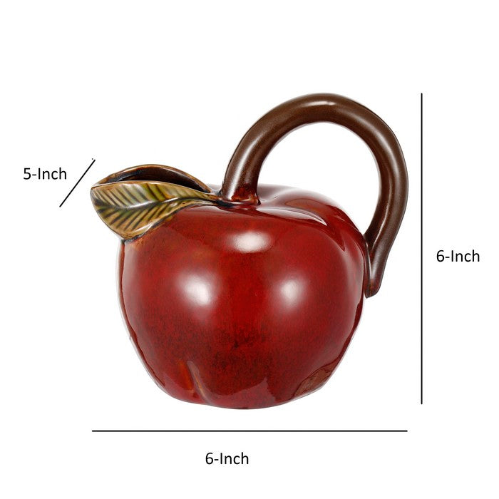 Ceramic Apple Pitcher with Leaf Shaped Spout, Red and Brown