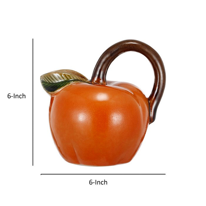 Ceramic Tomato Pitcher with Leaf Shaped Spout, Orange and Brown