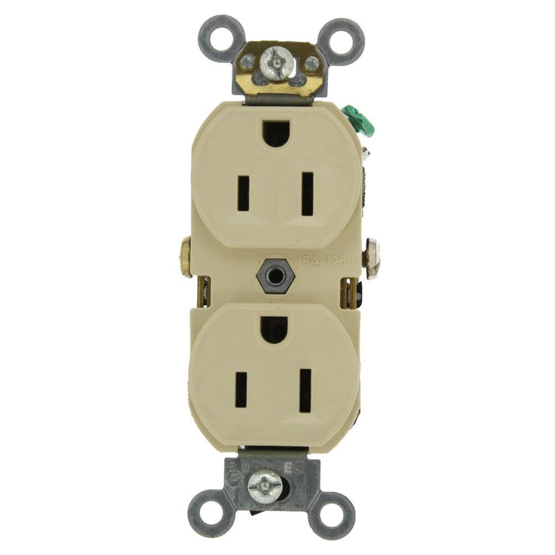Leviton BR15-I 15-Amp, 125-Volt, Narrow Body Duplex Receptacle, Straight Blade, Commercial Grade, Self Grounding, Ivory