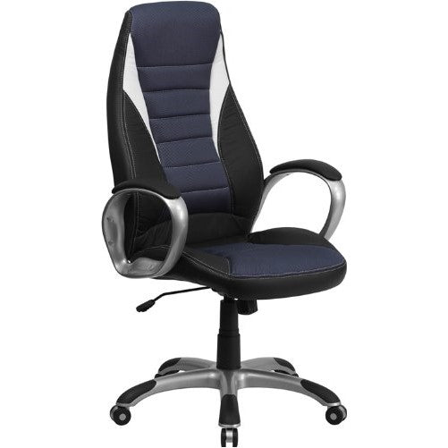 Flash Furniture High Back Black Vinyl Executive Swivel Chair with Blue Mesh Inserts and Arms
