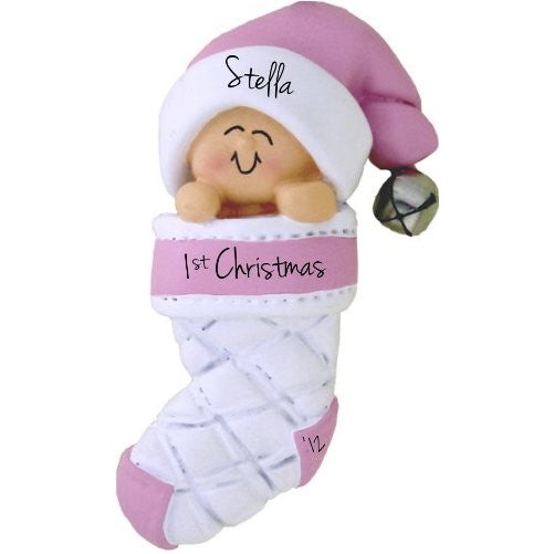 Baby's First Christmas Pink Girl in Stocking Christmas Tree Ornament