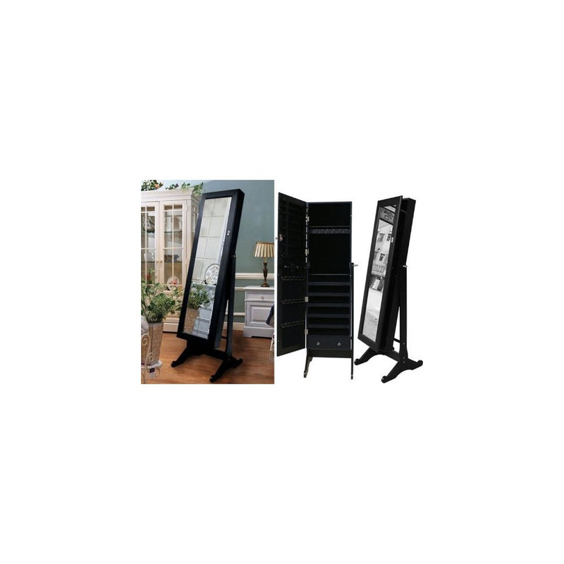 Black Mirrored Jewelry Cabinet Armoire Stand, Mirror, Necklaces, Bracelets, Rings